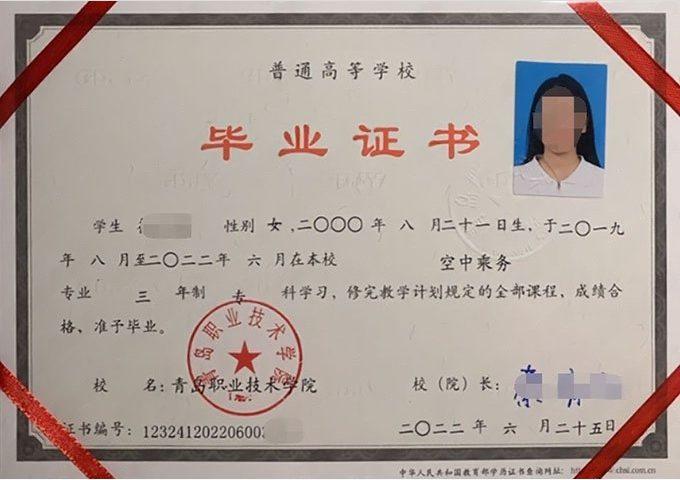 安次青岛职业技术学院毕业证样本图片